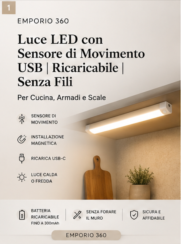 Luce LED con Sensore di Movimento USB 50 cm | Ricaricabile | Senza Fili | Per Cucina, Armadi e Scale