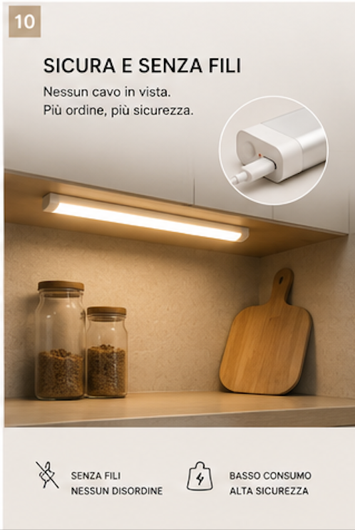 Luce LED con Sensore di Movimento USB 50 cm | Ricaricabile | Senza Fili | Per Cucina, Armadi e Scale