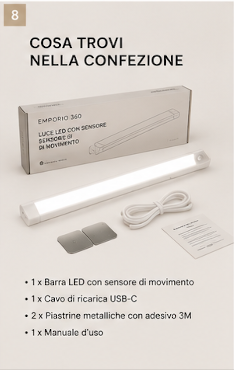 Luce LED con Sensore di Movimento USB 50 cm | Ricaricabile | Senza Fili | Per Cucina, Armadi e Scale