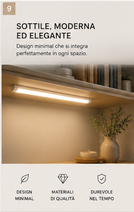 Luce LED con Sensore di Movimento USB 50 cm | Ricaricabile | Senza Fili | Per Cucina, Armadi e Scale