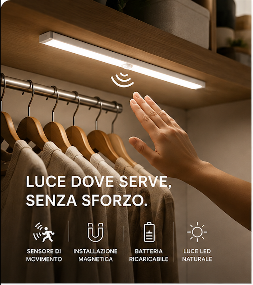 Luce LED con Sensore di Movimento USB 50 cm | Ricaricabile | Senza Fili | Per Cucina, Armadi e Scale